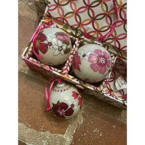 Vera Bradley TEA GARDEN Trio of Glass Christmas Ornaments Fabric Padded Box 2011